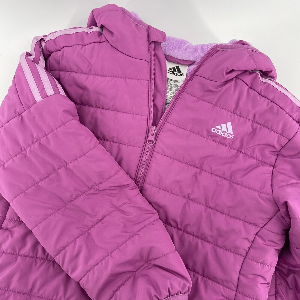 Adidas Girls Large Puffer Jacket Hooded Quilted Insulated Coat‎ Purple 3-Stripes